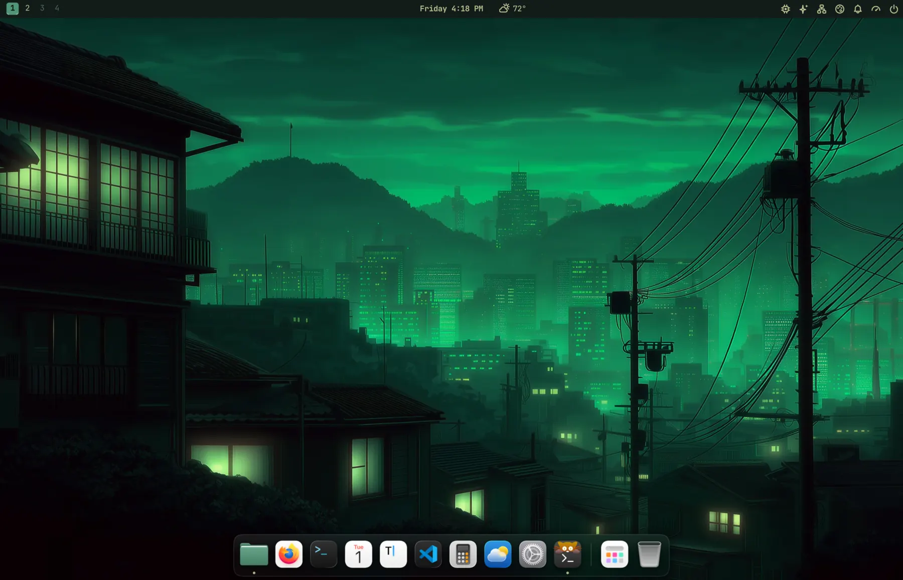 Jade Shell’s dock on frosted glass, apps past a separator on the right